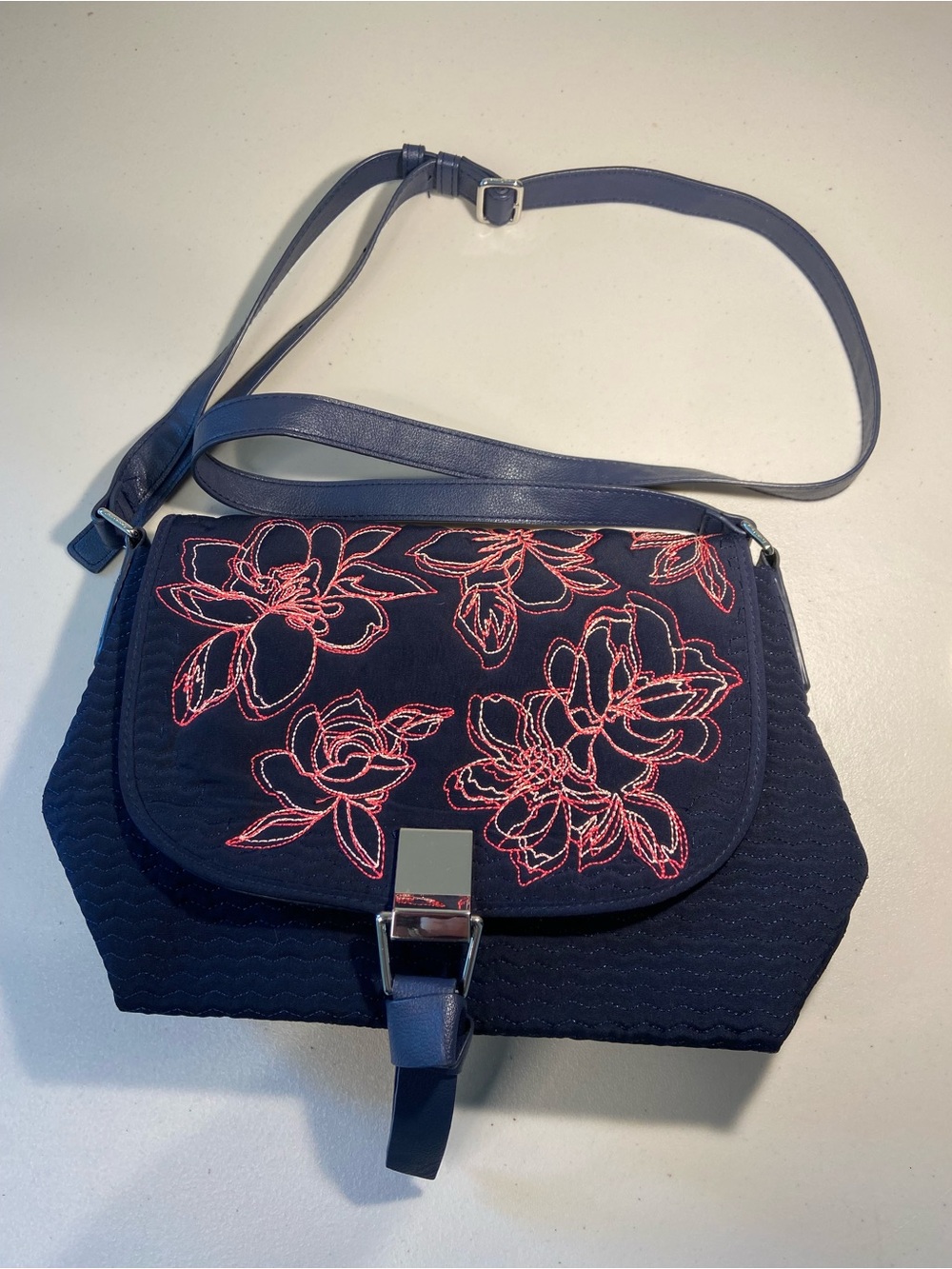 Vera Bradley Women's Navy Crossbody Bag with Pink Floral Embroidery